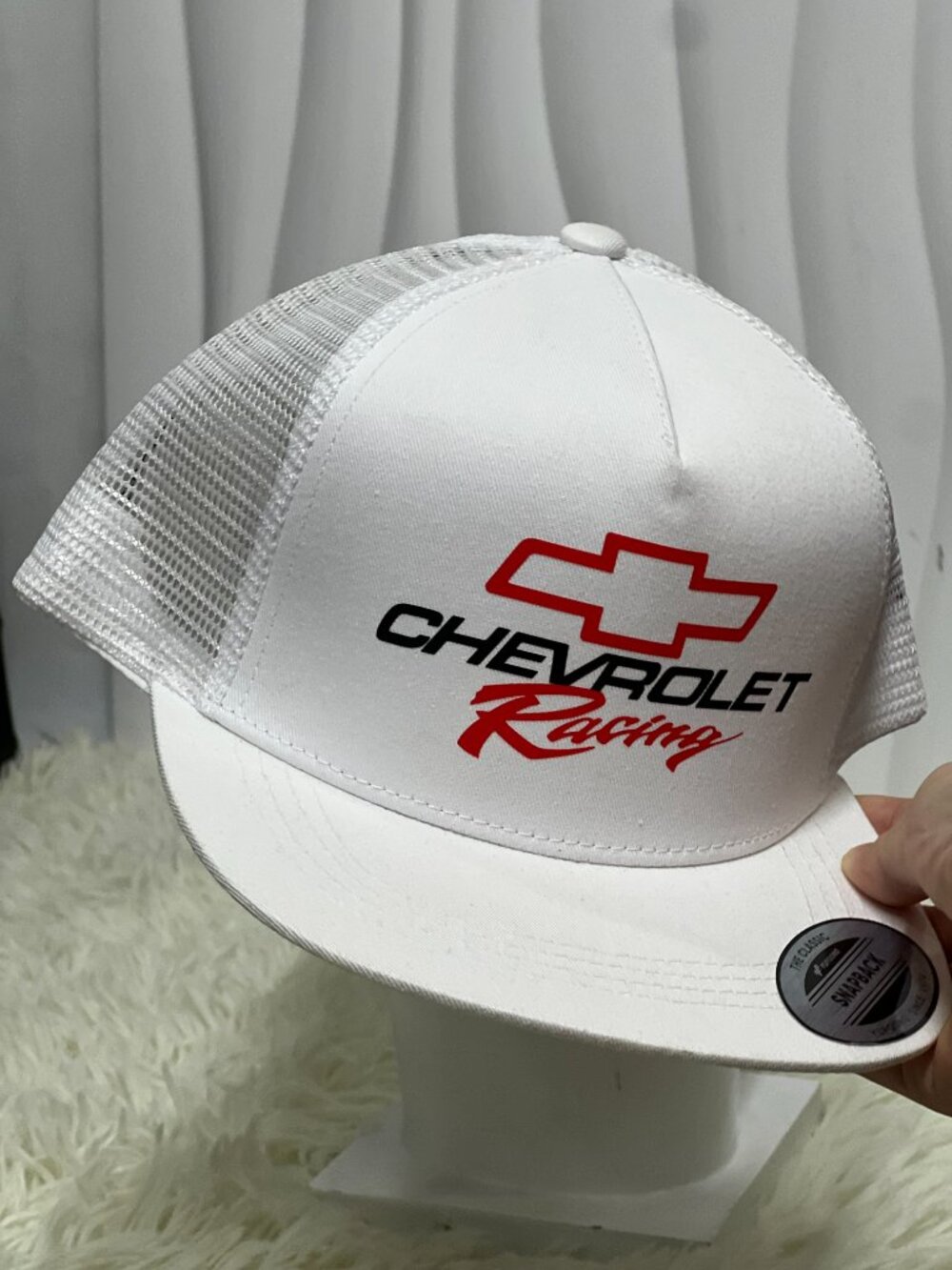 White Chevrolet Racing Inspired Trucker Hat Mesh Back Adjustable Snapback Car